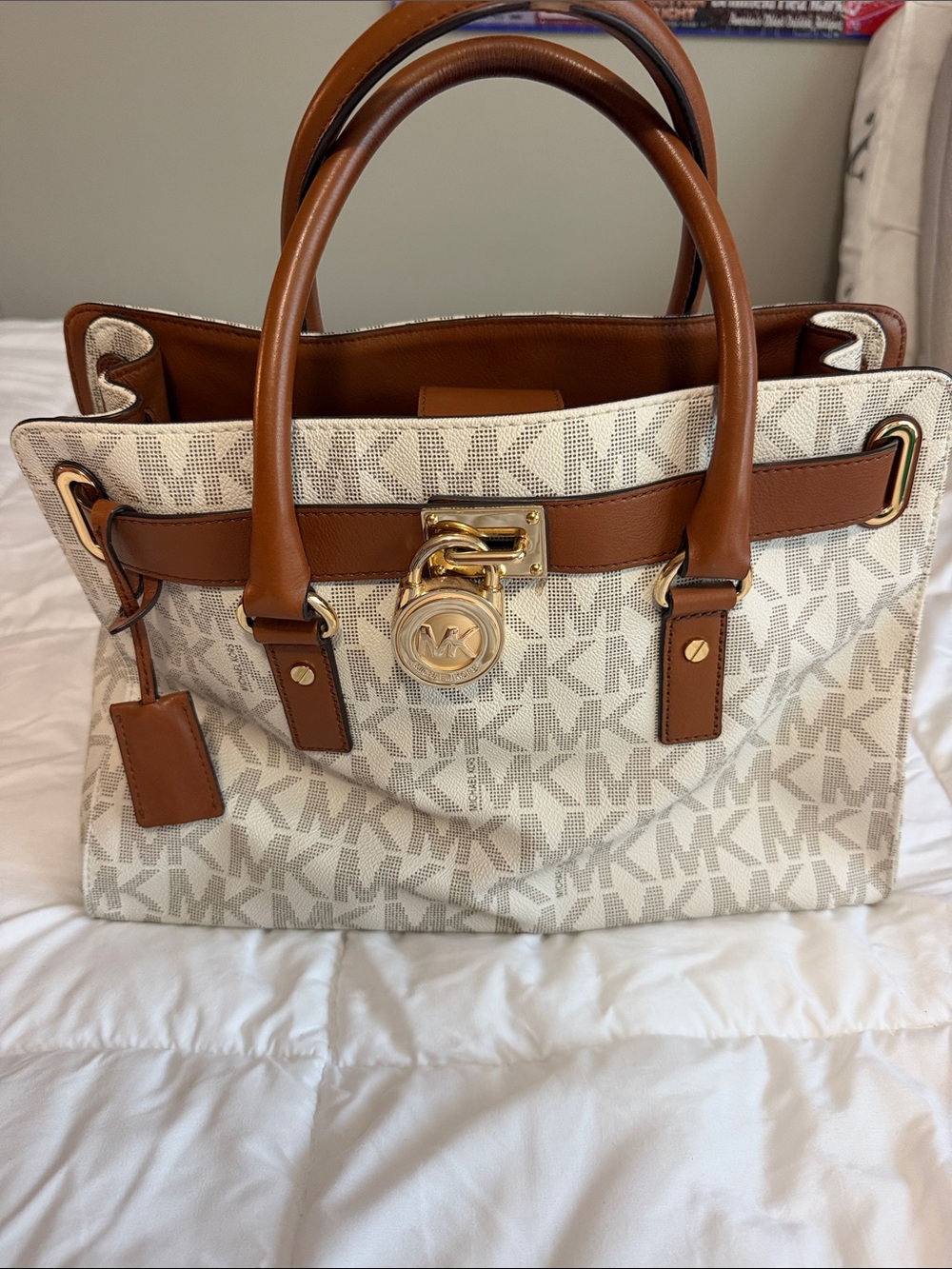 Michael Kors Cream MK Logo Tote with Brown Leather Trim
